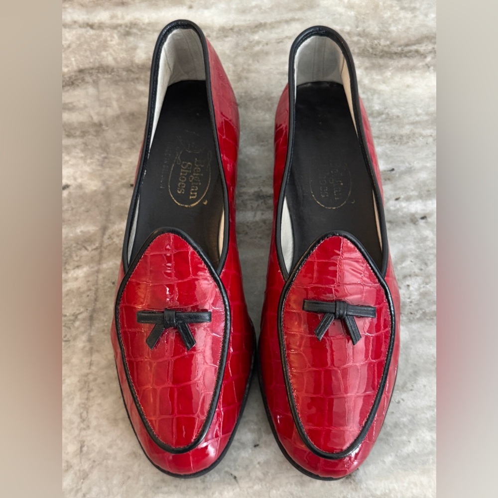 Belgian Shoes Travelette Slippers Red Crocodile Print Leather Loafers 5 Flats